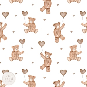 Archivo sin costuras de osito de peluche neutro, diseño de tela de ositos de San Valentín, patrón repetido de globos de corazón de chocolate, ositos de acuarela