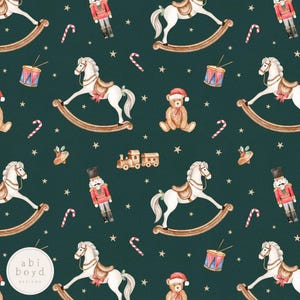 Christmas Toy seamless file, Vintage Seamless Pattern, Repeating Pattern, Rocking horse, teddy bear, Christmas nutcracker fabric, drum