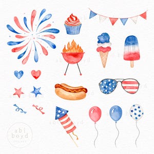 Ensemble de Clipart aquarelle 4 juillet, 4 juillet PNG, graphiques patriotiques, Illustrations du 4 juillet pour un usage personnel et commercial image 2