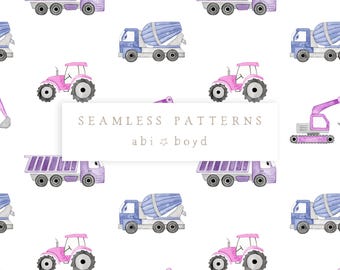 Girly Construction Seamless Pattern, Transport Design for Girls, Pink Construction Repeat Tile, Digger Tractor Builder seamless file