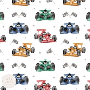 F1 レースカー シームレス ファイル、レーシングカーの繰り返しパターン、フォーミュラ 1 にインスパイアされたファブリック デザイン 個人および商業用