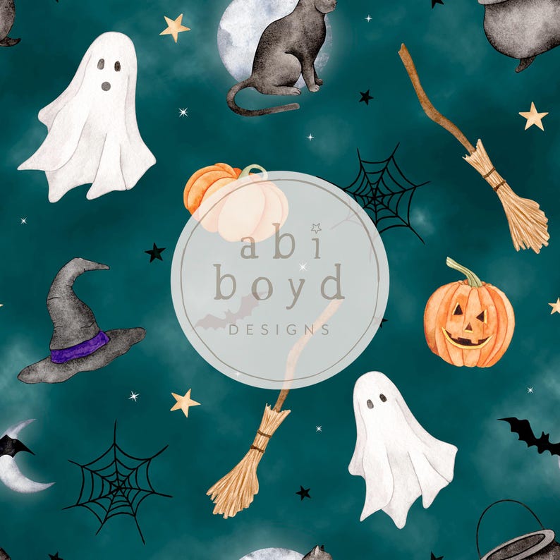 Seamless Halloween pattern featuring ghosts, witches, bats, and pumpkins in a festive design on a misty green teal background
