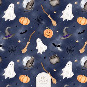 Seamless Halloween pattern featuring ghosts, witches, bats, and pumpkins in a festive design on a misty blue background
