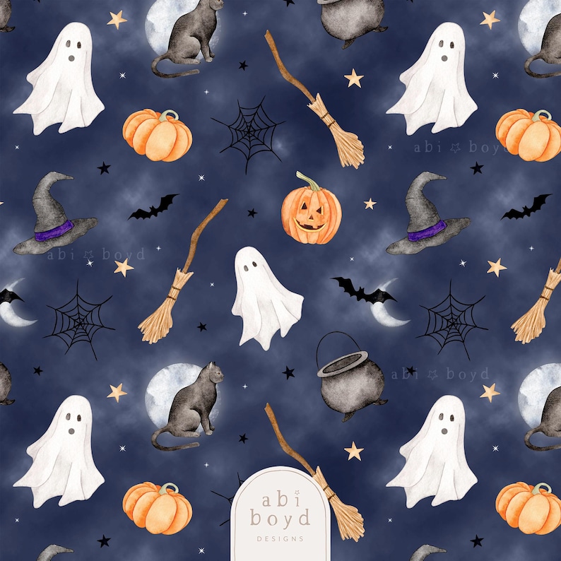 Seamless Halloween pattern featuring ghosts, witches, bats, and pumpkins in a festive design on a misty blue background