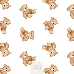 Può includere: Un motivo ripetuto di orsetti di peluche ad acquerello in varie pose su sfondo bianco. Gli orsi sono marrone chiaro con occhi e nasi marrone scuro. Il design include il testo "abi boyd DESIGNS".