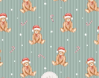 Christmas teddy bear seamless file, Vintage Christmas teddies repeating pattern, Xmas teddy and Stripes Seamless Pattern