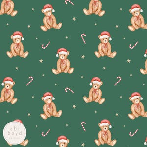 Christmas teddy seamless file, Santa hat teddies repeating pattern, candy cane watercolour seamless file, Xmas teddy bear seamless pattern