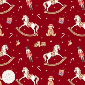 Christmas Toys Seamless Pattern, Vintage Christmas Repeating Pattern, Rocking horse and Nutcracker Digital Paper