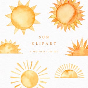 Watercolor sun clipart set, Hand-painted warm sunset png, summer clip art for personal and commercial use