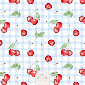 Akvarell körsbär, körsbärsgingham sömlöst mönster, körsbär digitalt papper