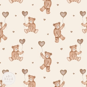 Archivo sin costuras de osito de peluche neutro, diseño de tela de ositos de San Valentín, patrón repetido de globos de corazón de chocolate, ositos de acuarela
