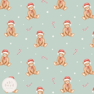 Christmas teddy seamless file, Santa hat teddies repeating pattern, candy cane watercolour seamless file, Xmas teddy bear seamless pattern