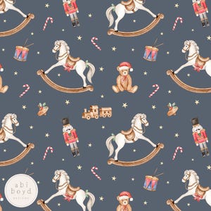 May include: Watercolor pattern featuring rocking horses, teddy bears, nutcrackers, toy trains, drums, candy canes, and stars on a dark blue background. The design has a festive, holiday theme, perfect for children's products.