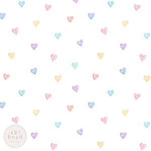 Puede incluir: Fondo blanco con un patrón repetido de corazones de acuarela en colores pastel: rosa, azul, amarillo y morado. Los corazones están dispersos por la superficie. El texto "abi boyd designs" está en un círculo en la esquina inferior izquierda.