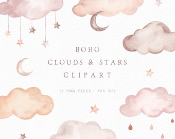 Boho watercolor cloud moon and stars clipart set, Hand-painted celestial png, neutral boho weather clip art for personal and commercial use