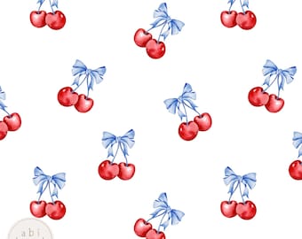 Fourth of July Cherries Seamless Pattern, Girls Cherry and Blue Bows Seamless File, 4th of July Summer seamless file, Digital Download