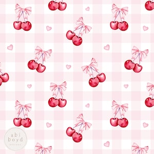 May include: A seamless pattern featuring pink and white gingham with red cherries tied with pink bows. The cherries are arranged in a repeating pattern on a pink and white gingham background.