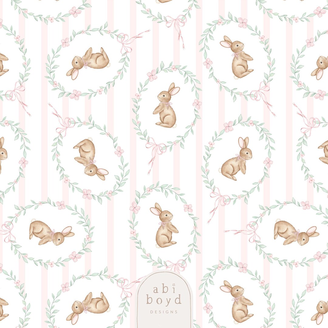 Pink Stripe Bunny Rabbit Seamless Pattern, Vintage Bunny Repeat Tile ...