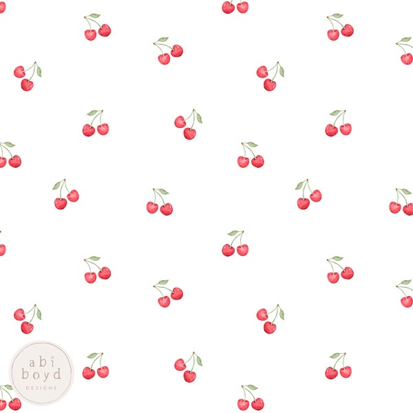 Simple Cherry Seamless Pattern, Dainty Cherries Repeating Pattern, Watercolor Cherries Fabric Design, Personal and Commercial use