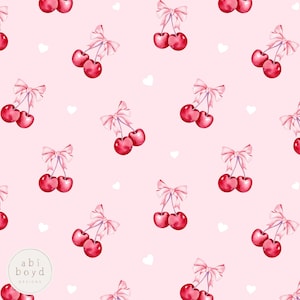 May include: A seamless pattern featuring red cherries with pink bows on a light pink background. White hearts are scattered throughout the pattern.