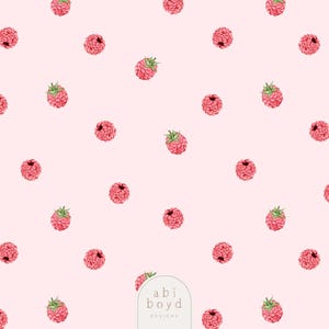May include: A repeating pattern of watercolor raspberries on a light pink background. Each raspberry is a vibrant red with green leaves. The design is scattered across the surface, creating a fresh, fruity aesthetic. The artist's name, "abi boyd designs", is in the bottom right corner.