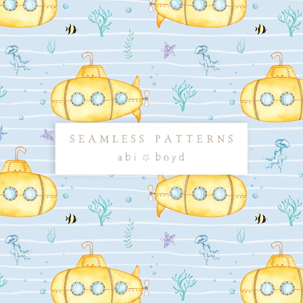 Yellow Submarine Pattern, Nautical Repeat Tile, Fabric Design, Summer Seamless Pattern