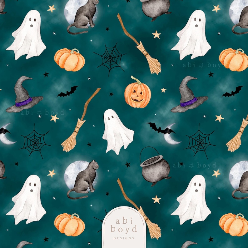Seamless Halloween pattern featuring ghosts, witches, bats, and pumpkins in a festive design on a misty green teal background