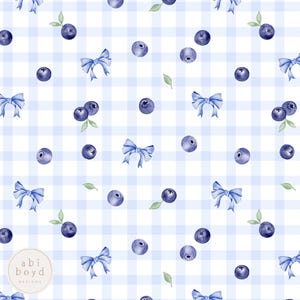 May include: A seamless pattern featuring blue blueberries and blue bows on a white and light blue gingham background.