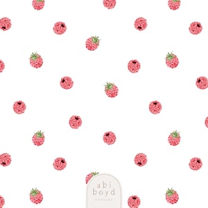 May include: A repeating pattern of watercolor raspberries on a white background. The raspberries are a vibrant pink-red color with green leaves. The design is scattered across the surface, creating a fresh and fruity aesthetic. The text "abi boyd DESIGNS" is at the bottom.