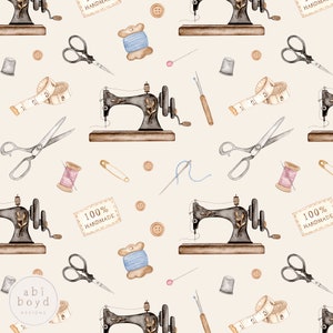Sewing Seamless Pattern, Vintage Sewing Design for Handmade Businesses, Sewing Machine Repeating Pattern, Needle and Thread Fabric Design