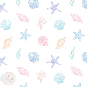 Sea Shells Seamless Pattern, Summer Seashells Seamless File, Pastel Beach Digital Paper, Nautical Ocean Fabric Design