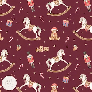 Christmas Toy seamless file, Vintage Seamless Pattern, Repeating Pattern, Rocking horse, teddy bear, Christmas nutcracker fabric, drum