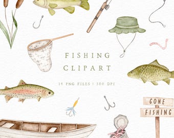 May include: Watercolor illustration of fishing-themed elements. Includes fish, fishing rod, net, boat, hooks, worms, and a sign that says "Gone Fishing". The text "Fishing Clipart" is also present.