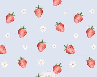 May include: A repeating pattern of watercolour strawberries and daisies on a pale blue background. The strawberries are red with green leaves, and the daisies are white with yellow centres. Design by abi boyd designs.