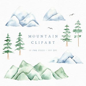 Watercolor Mountain Clipart Set, Landscape Clipart, Mountain & Pine Trees PNG for Wedding Stationery, Wood Mountain Art
