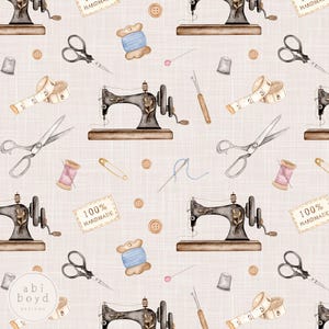 Sewing Seamless Pattern, Vintage Sewing Design for Handmade Businesses, Sewing Machine Repeating Pattern, Needle and Thread seamless file