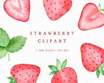 Watercolour Strawberries PNG, Cute Strawberry Clipart Set, Fruit clipart for Personal and Commercial Use Hand-Painted Valentine Clipart