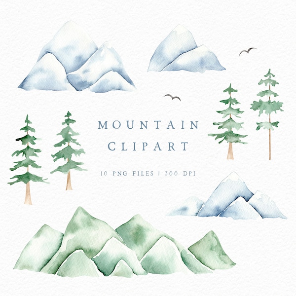 Aquarelle montagne Clipart ensemble, Clipart paysage, montagne & pins PNG pour mariage papeterie, bois montagne Art