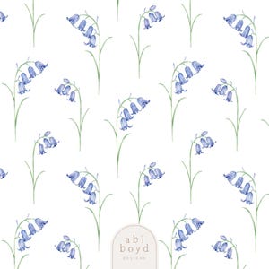 May include: A repeating pattern of bluebell flowers on a white background. Each flower is a delicate blue with green stems and leaves. The design includes the text "abi boyd DESIGNS".