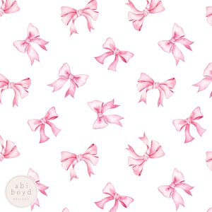 Puede incluir: Un patrón sin costuras con lazos de acuarela rosa sobre un fondo blanco. Los lazos están dispuestos en un patrón repetitivo, creando un diseño delicado y femenino.