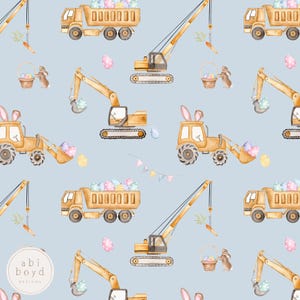 Può includere: Uno schema senza cuciture con illustrazioni ad acquerello di veicoli da costruzione decorati con uova di Pasqua. I veicoli includono un camion ribaltabile, un escavatore, una gru e un bulldozer. Lo sfondo è di colore azzurro chiaro.