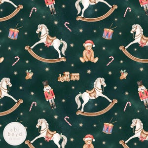 May include: A repeating pattern of Christmas toys on a dark green background. The pattern includes rocking horses, teddy bears, nutcrackers, candy canes, drums, and a toy train. The toys are white, red, brown, and gold.