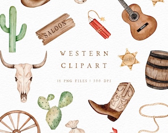 Ensemble de clipart western aquarelle | Lot png far west peint à la main | Graphismes de cow-boy pour les invitations | Utilisation personnelle et commerciale