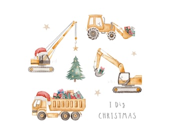 Christmas construction PNG sublimation file, I dig Christmas, digger transfer design, yellow vehicles, Xmas, Kids Sublimation Designs
