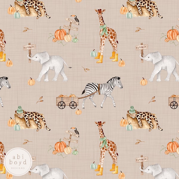 Autumn and Fall Seamless Pattern, Pumpkin Patch Repeating Pattern, Safari Animals Fabric Design