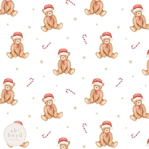 Christmas teddy seamless file, Santa hat teddies repeating pattern, candy cane watercolour seamless file, Xmas teddy bear seamless pattern