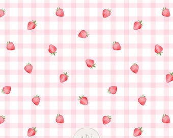 Simple Strawberry Seamless Pattern, Cute Pink Strawberries Repeating Pattern, Strawberry Gingham seamless file, Personal and Commercial