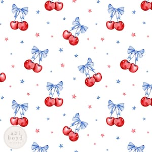 May include: A seamless pattern featuring red cherries with blue bows on a white background. Scattered pink and blue stars are also included in the design.