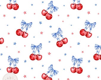 Fourth of July Cherries Seamless Pattern, Girls Cherry and Blue Bows Seamless File, 4th of July Summer seamless file, Digital Download