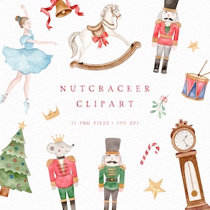 Notenkraker aquarel clipart, kerst clipart set, notenkraker PNG, ballerina graphics, handgeschilderde kerst graphics